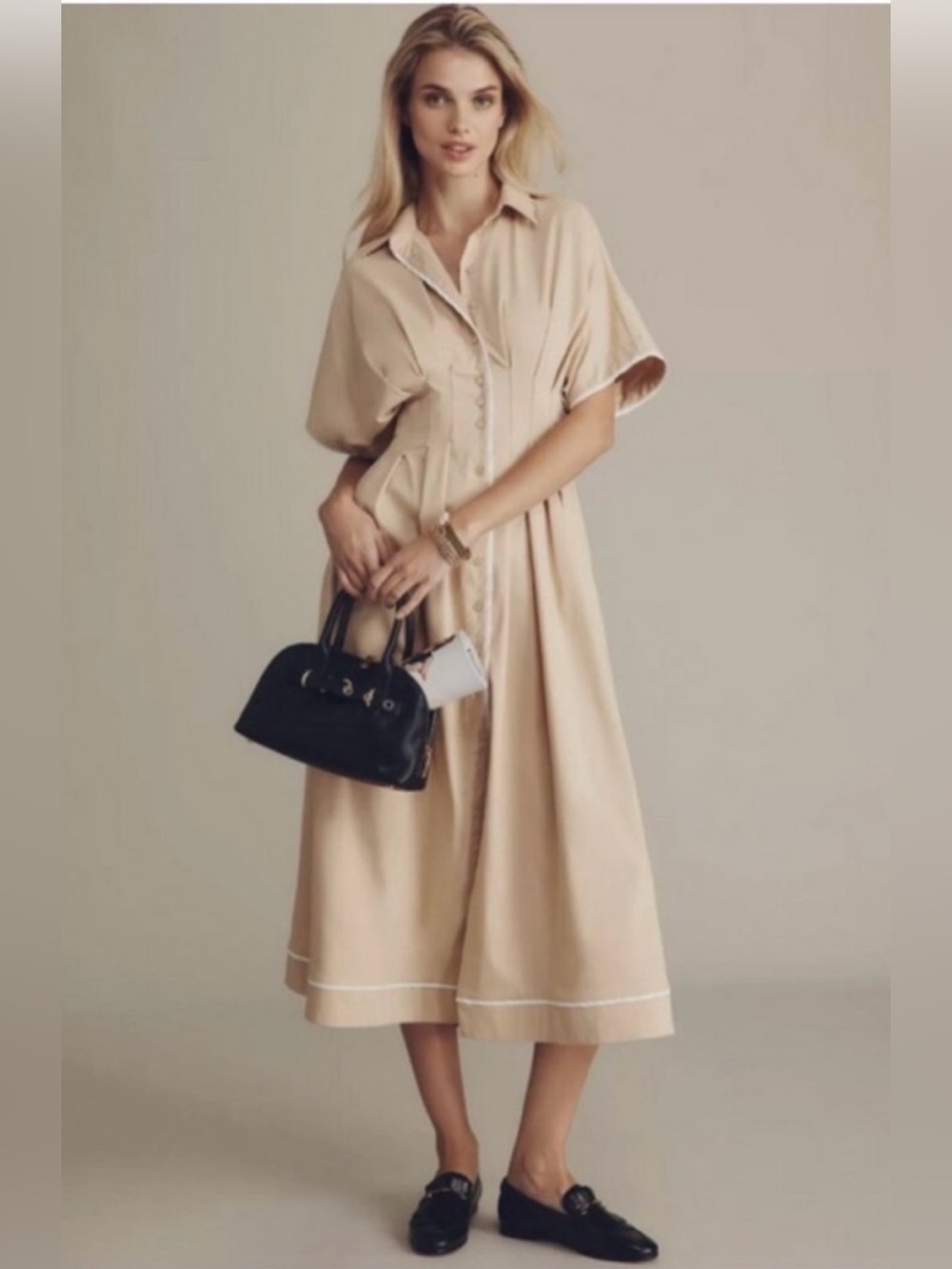 Anthropologie EXQUISE Satin Midi Shirt Dress Shirt Dress in Beige Size Small NWT